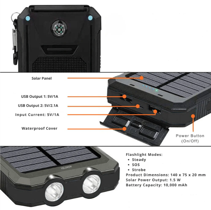 Power Bank Solaire 80 000 mAh - Charge Rapide & Lampe LED