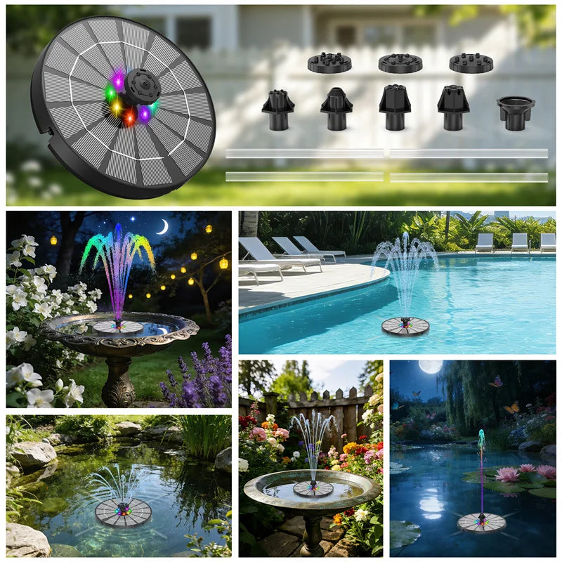 Pompe à eau solaire extérieure 3,5 W avec lumière LED, fontaine solaire pour bain d'oiseaux, batterie intégrée 3000 mAh avec 8 buses pour bassin de jardin