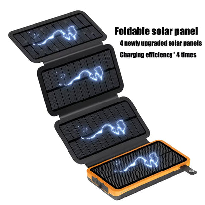 Batterie externe solaire 50 000 mAh – 4 panneaux solaires pliables – USB / USB-C 15 W – Lampe de camping LED