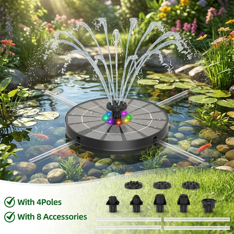 Pompe à eau solaire extérieure 3,5 W avec lumière LED, fontaine solaire pour bain d'oiseaux, batterie intégrée 3000 mAh avec 8 buses pour bassin de jardin