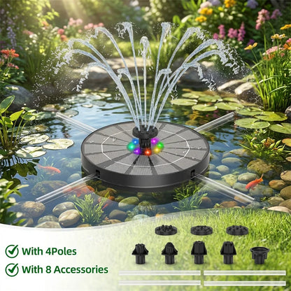 Pompe à eau solaire extérieure 3,5 W avec lumière LED, fontaine solaire pour bain d'oiseaux, batterie intégrée 3000 mAh avec 8 buses pour bassin de jardin