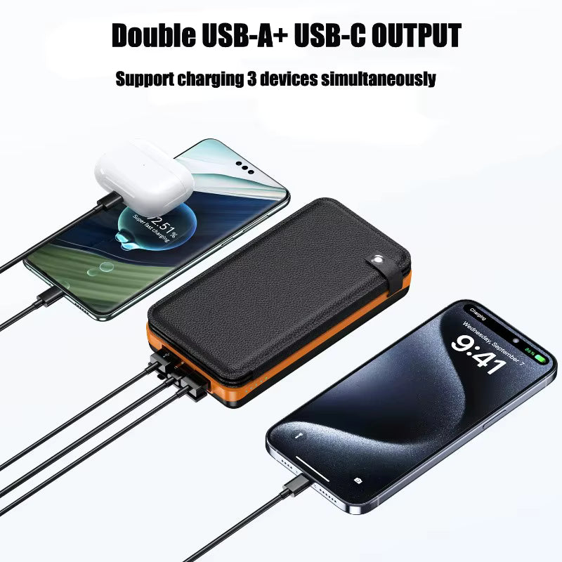 Batterie externe solaire 50 000 mAh – 4 panneaux solaires pliables – USB / USB-C 15 W – Lampe de camping LED
