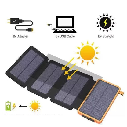 Batterie externe solaire 50 000 mAh – 4 panneaux solaires pliables – USB / USB-C 15 W – Lampe de camping LED