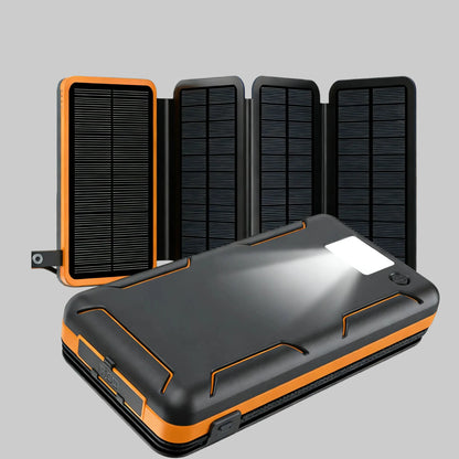 Batterie externe solaire 50 000 mAh – 4 panneaux solaires pliables – USB / USB-C 15 W – Lampe de camping LED