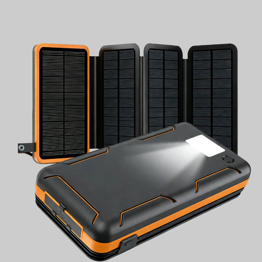 Batterie externe solaire 50 000 mAh – 4 panneaux solaires pliables – USB / USB-C 15 W – Lampe de camping LED