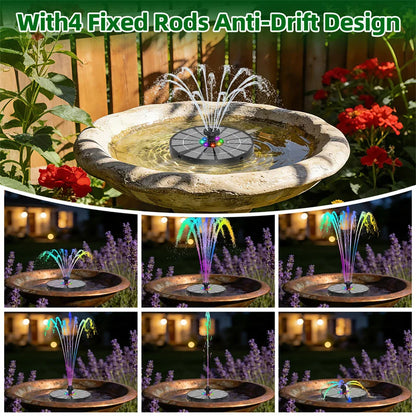 Pompe à eau solaire extérieure 3,5 W avec lumière LED, fontaine solaire pour bain d'oiseaux, batterie intégrée 3000 mAh avec 8 buses pour bassin de jardin