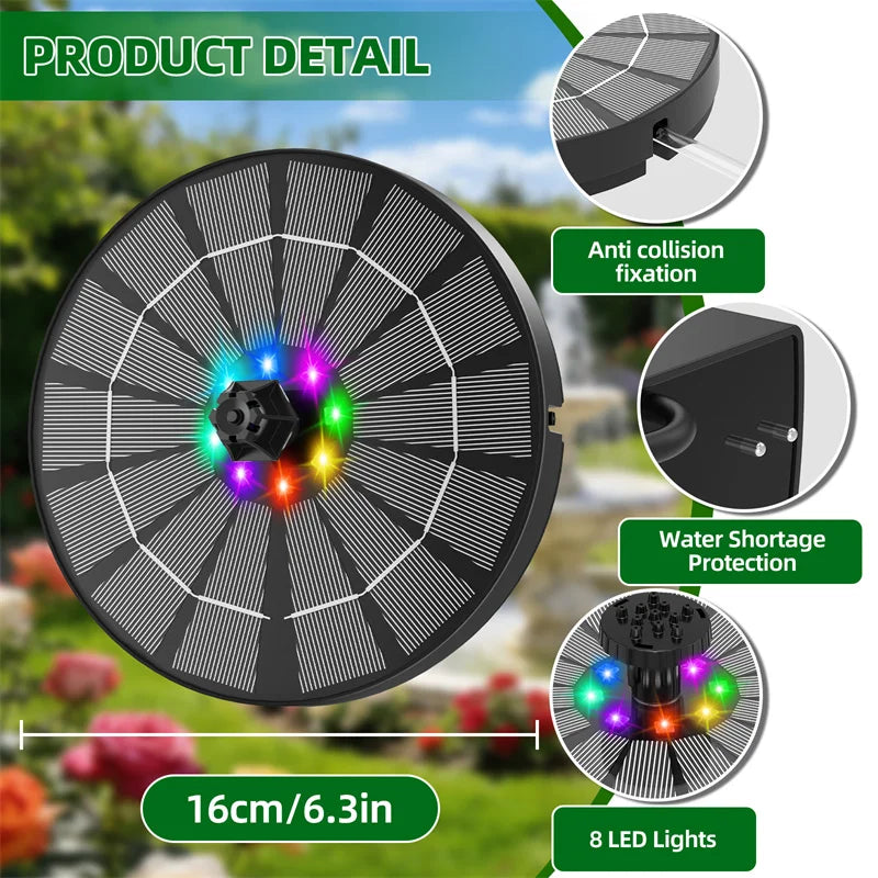Pompe à eau solaire extérieure 3,5 W avec lumière LED, fontaine solaire pour bain d'oiseaux, batterie intégrée 3000 mAh avec 8 buses pour bassin de jardin