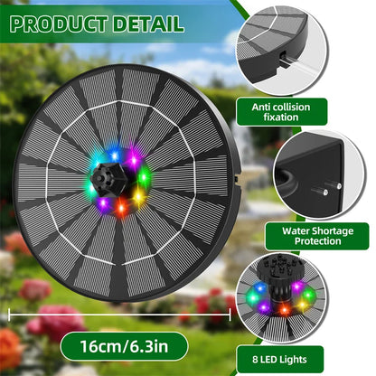 Pompe à eau solaire extérieure 3,5 W avec lumière LED, fontaine solaire pour bain d'oiseaux, batterie intégrée 3000 mAh avec 8 buses pour bassin de jardin